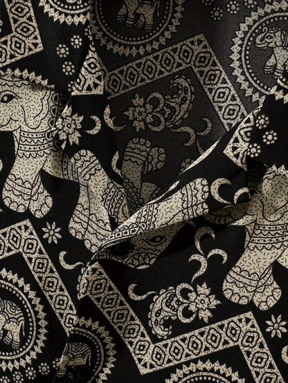 Chemise de villégiature pour homme avec imprimé éléphants et mandalas, manches courtes, chemise décontractée moderne