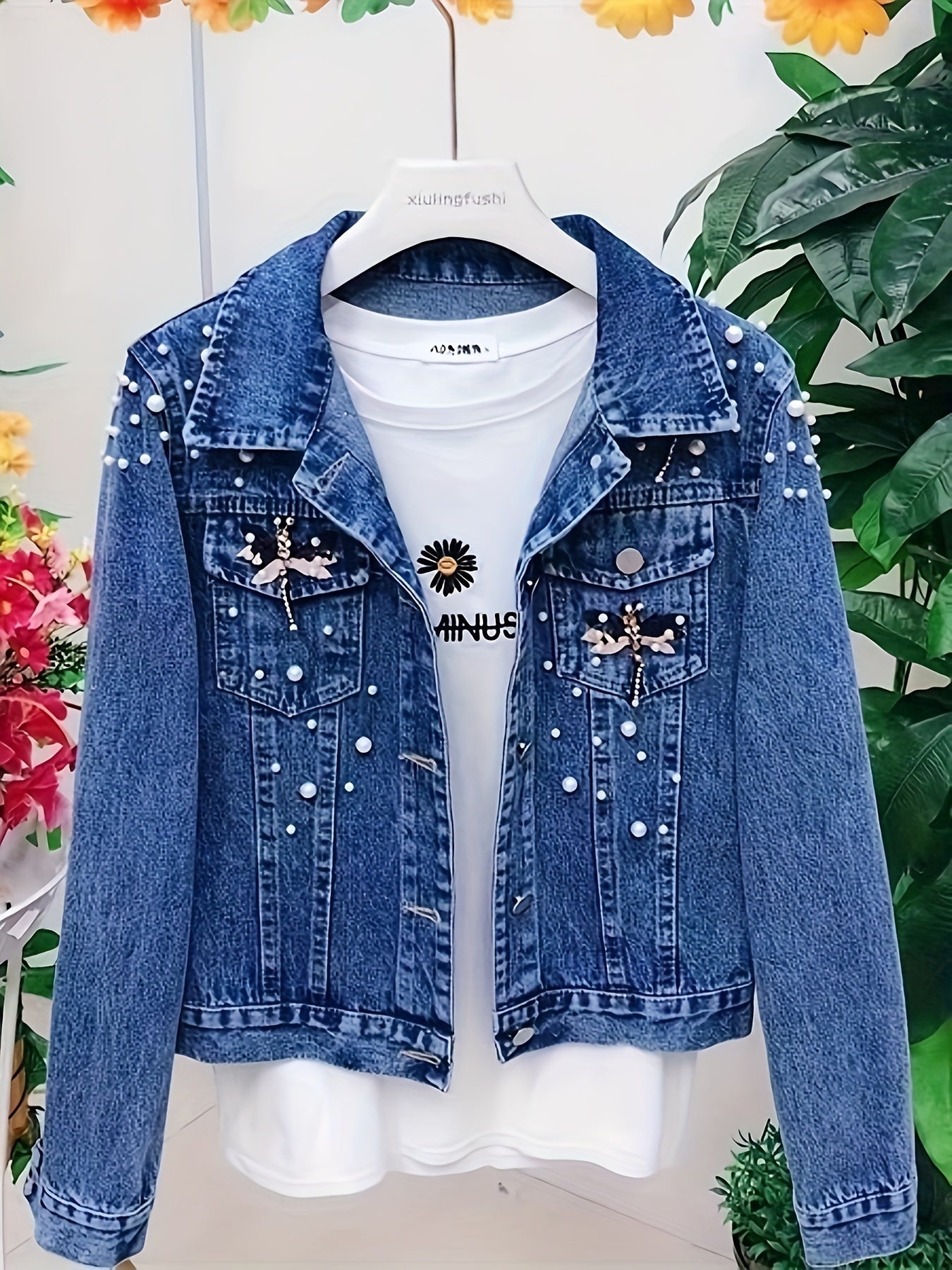 Jeansjacke Damen Blau mit Perlen und Stickerei