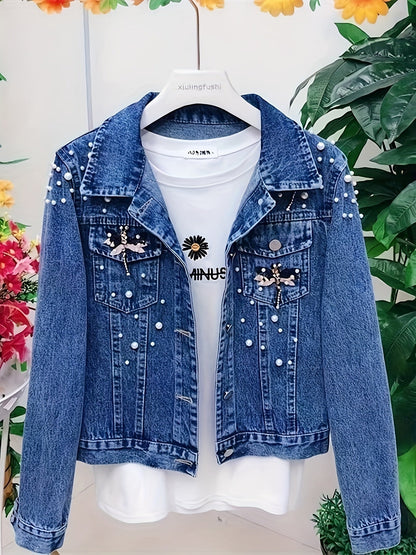 Jeansjacke Damen Blau mit Perlen und Stickerei
