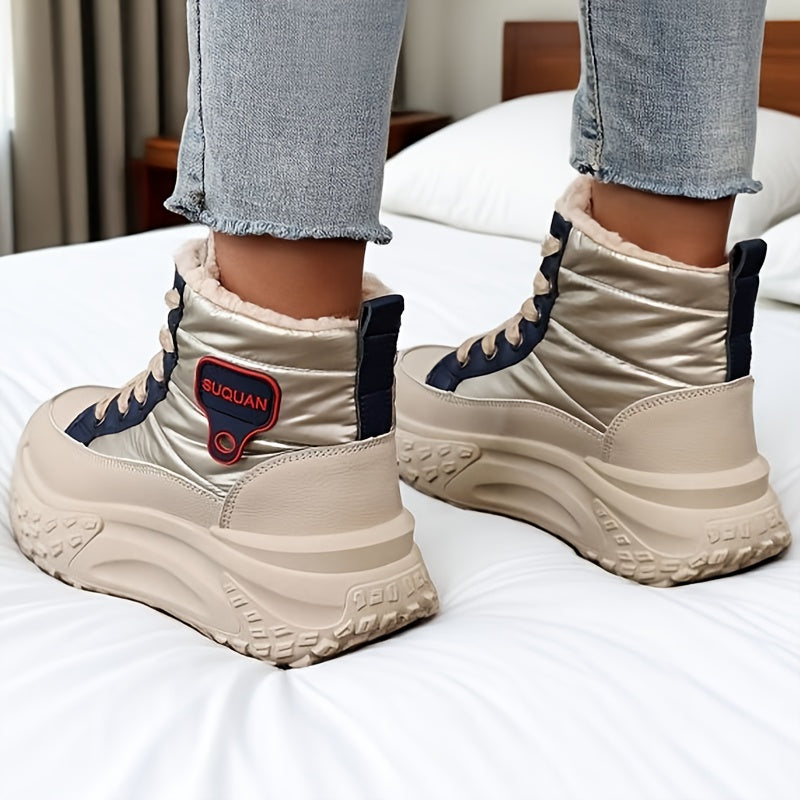 Winterstiefeletten Damen Beige Gefüttert Plateau Sohle
