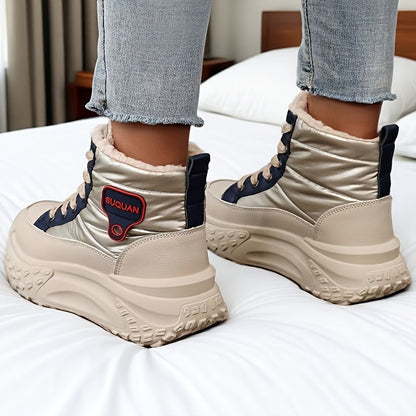 Winterstiefeletten Damen Beige Gefüttert Plateau Sohle