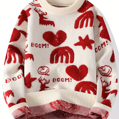 Unisex Strickpullover Rundhals mit Muster (Hirsch, Herz, Regenbogen)