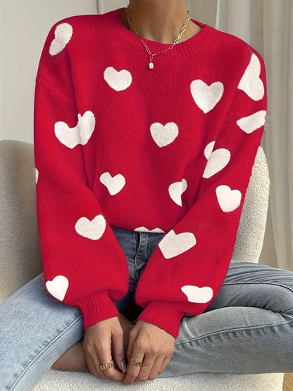 Maglione da donna lavorato a maglia, vestibilità morbida, motivo a cuore, girocollo, bianco e beige