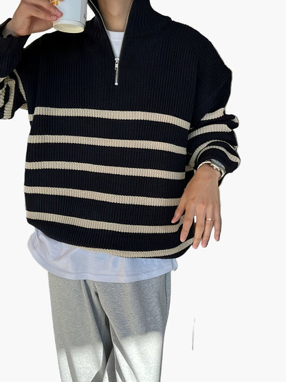 Herren Strickpullover mit Viertelreißverschluss und Streifen – Lässiger Herbst/Winter Look