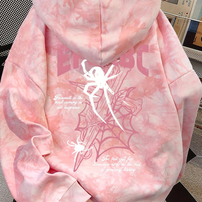 Tie-Dye Hoodie Rosa mit Spinnen-Print und Kapuze