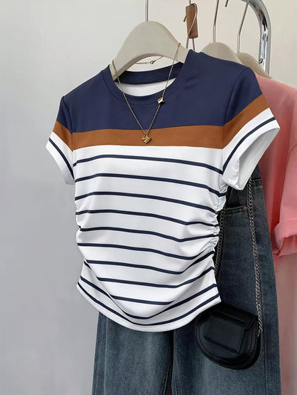 Damen T-Shirt mit Streifen und Raffung – Modisches Freizeitshirt, Sommer-Stil