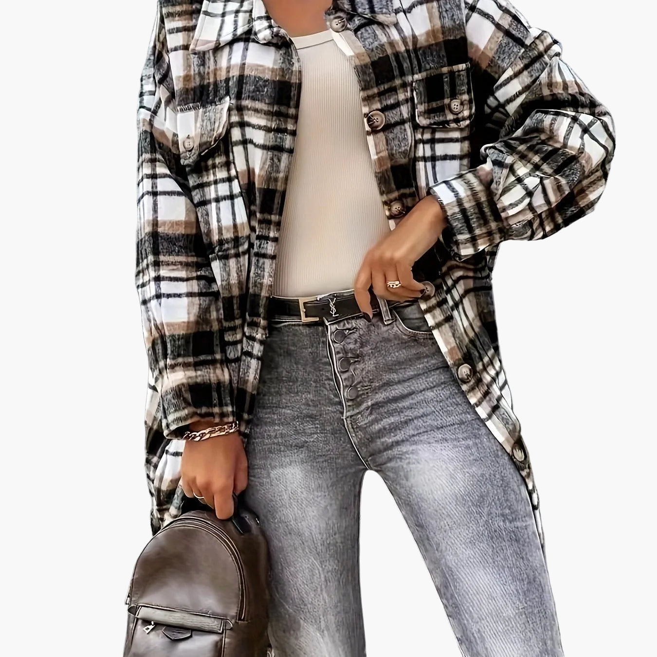 Camicia overshirt lunga da donna a quadri in stile casual per primavera e autunno