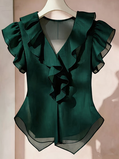 Damevolantbluse med V-hals og volanger – Elegant chiffongbluse for kontor og kveld