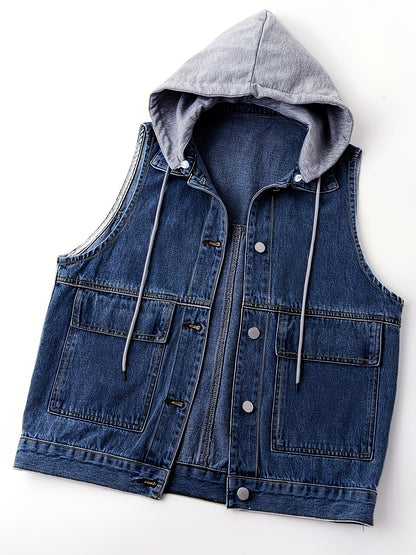Jeansweste mit Kapuze, Ärmellos, Blau, für Damen