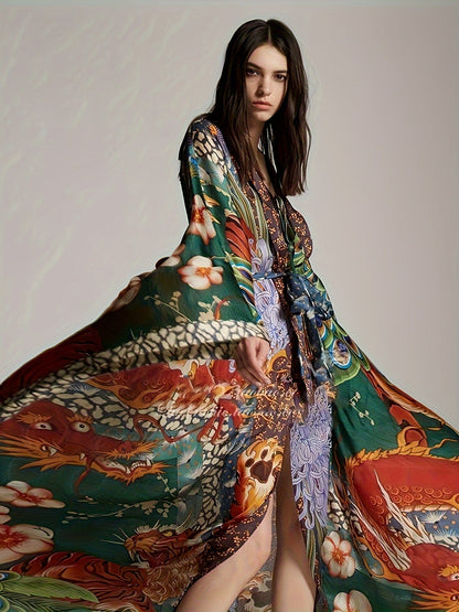 Damen Luxus Kaftan Kimono mit Maxilänge und opulentem orientalischen Muster – Perfekt für Resort und Abendmode