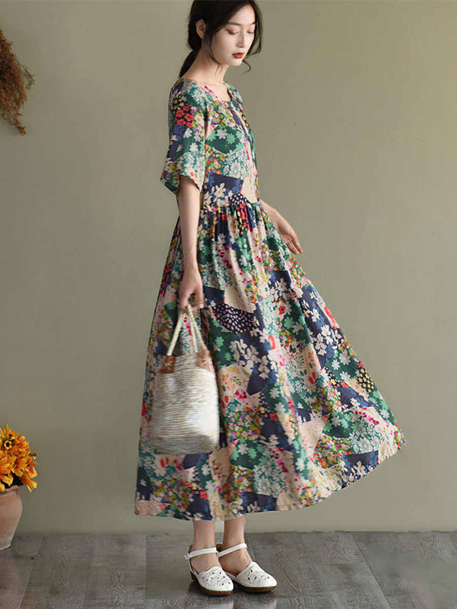 Damen Vintage Maxikleid mit Blumenmuster und lockerer Passform – Retro Sommerkleid für Alltag und Reisen