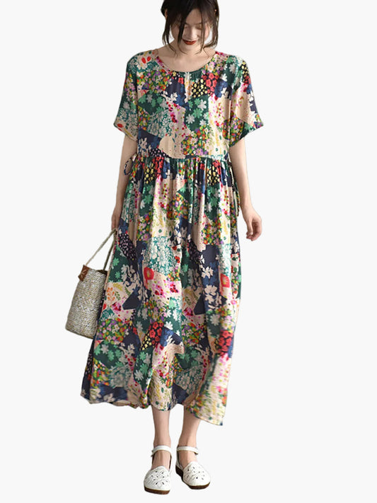 Dames vintage maxijurk met bloemenpatroon en losse pasvorm – Retro zomerjurk voor dagelijks gebruik en reizen