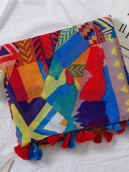 Sciarpa da donna con stampa geometrica e nappine – Sciarpa alla moda per primavera ed estate