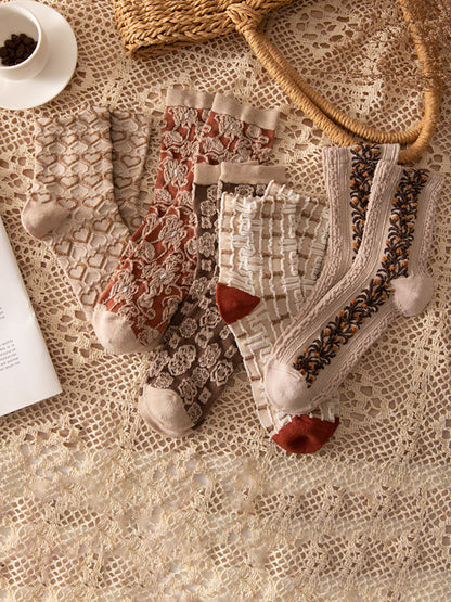 Damen Vintage Socken mit Blumenmuster – Modisches 5er-Set für Frühling & Herbst