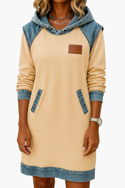 Vestito con cappuccio da donna con dettagli in denim – Stile street casual per vita quotidiana e tempo libero