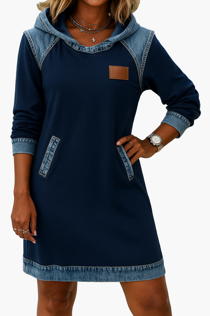 Vestito con cappuccio da donna con dettagli in denim – Stile street casual per vita quotidiana e tempo libero