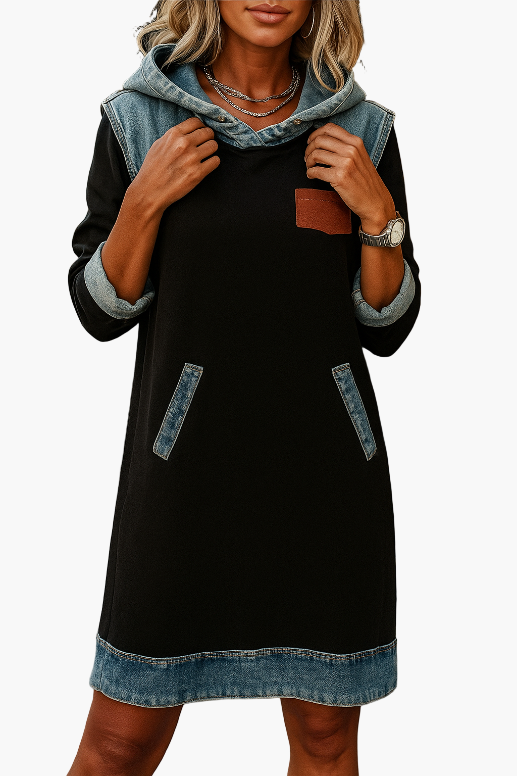 Vestito con cappuccio da donna con dettagli in denim – Stile street casual per vita quotidiana e tempo libero