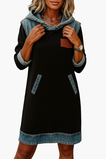 Vestito con cappuccio da donna con dettagli in denim – Stile street casual per vita quotidiana e tempo libero