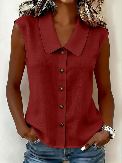 Blouse sans manches pour femme avec patte de boutonnage et grand col – Style décontracté élégant pour le quotidien et le bureau