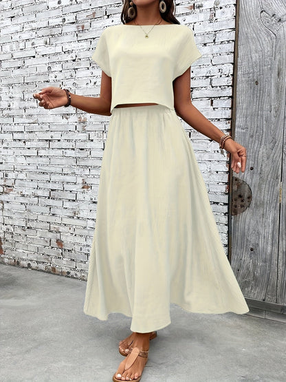 Dame todelt sæt maxi nederdel & kortærmet crop top elegant sommeroutfit