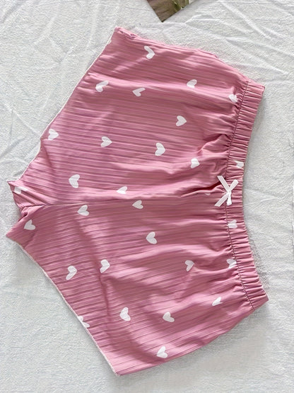 Dame pyjamasæt med hjerteprint og sløjfer – To-delt sommernatsæt, sexet stil