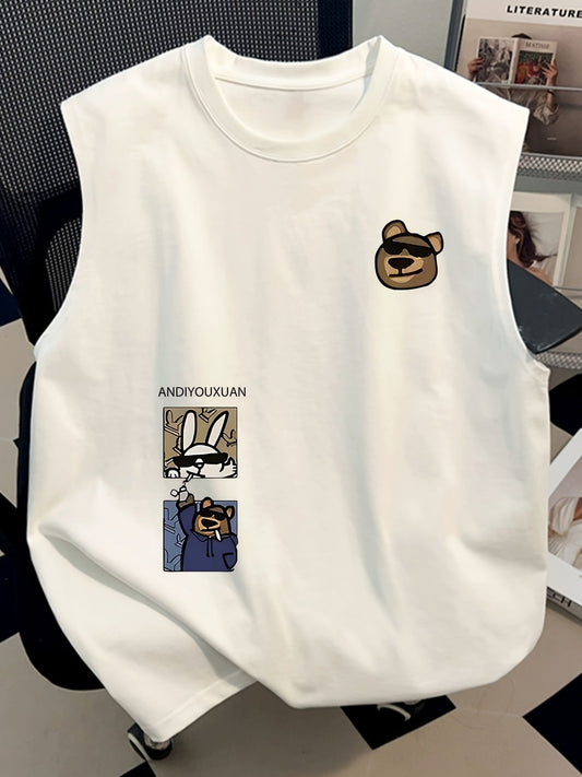 Camiseta sin mangas de moda para hombre estilo streetwear con estampado de dibujos animados y diseño moderno con carácter