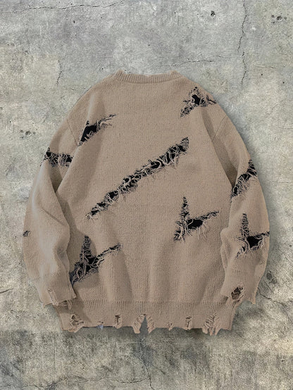 Unisex distressed-pullover med rund hals og tekstprint