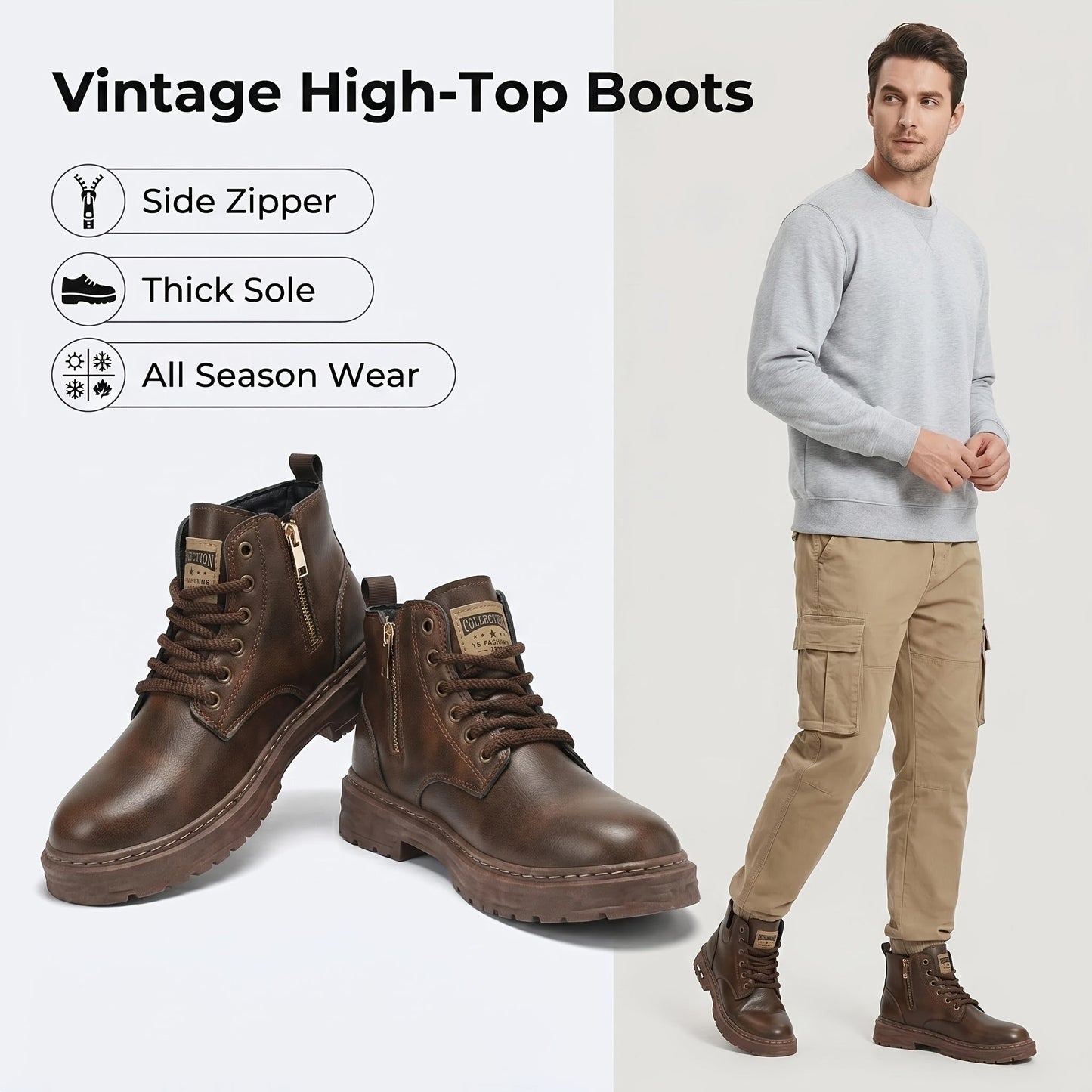 Herren Worker Boots mit Schnürung und Reißverschluss, Robuste Sohle