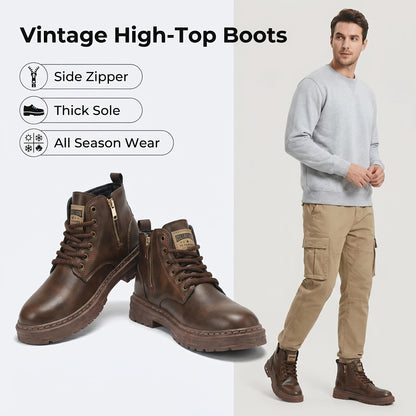Herren Worker Boots mit Schnürung und Reißverschluss, Robuste Sohle