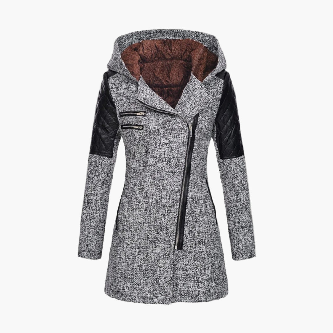 Cappotto invernale da donna con cappuccio – Elegante cappotto corto in tweed con dettagli in ecopelle e cerniera asimmetrica