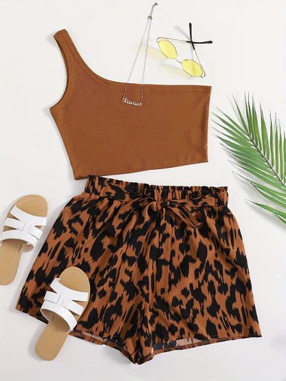 Damen Zweiteiler Set – Asymmetrisches One-Shoulder Top & High-Waist Shorts mit Animal Print, Elegant für Sommer