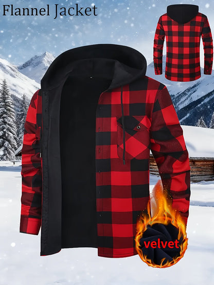 Giacca-camicia da uomo a quadri con cappuccio, imbottita e calda