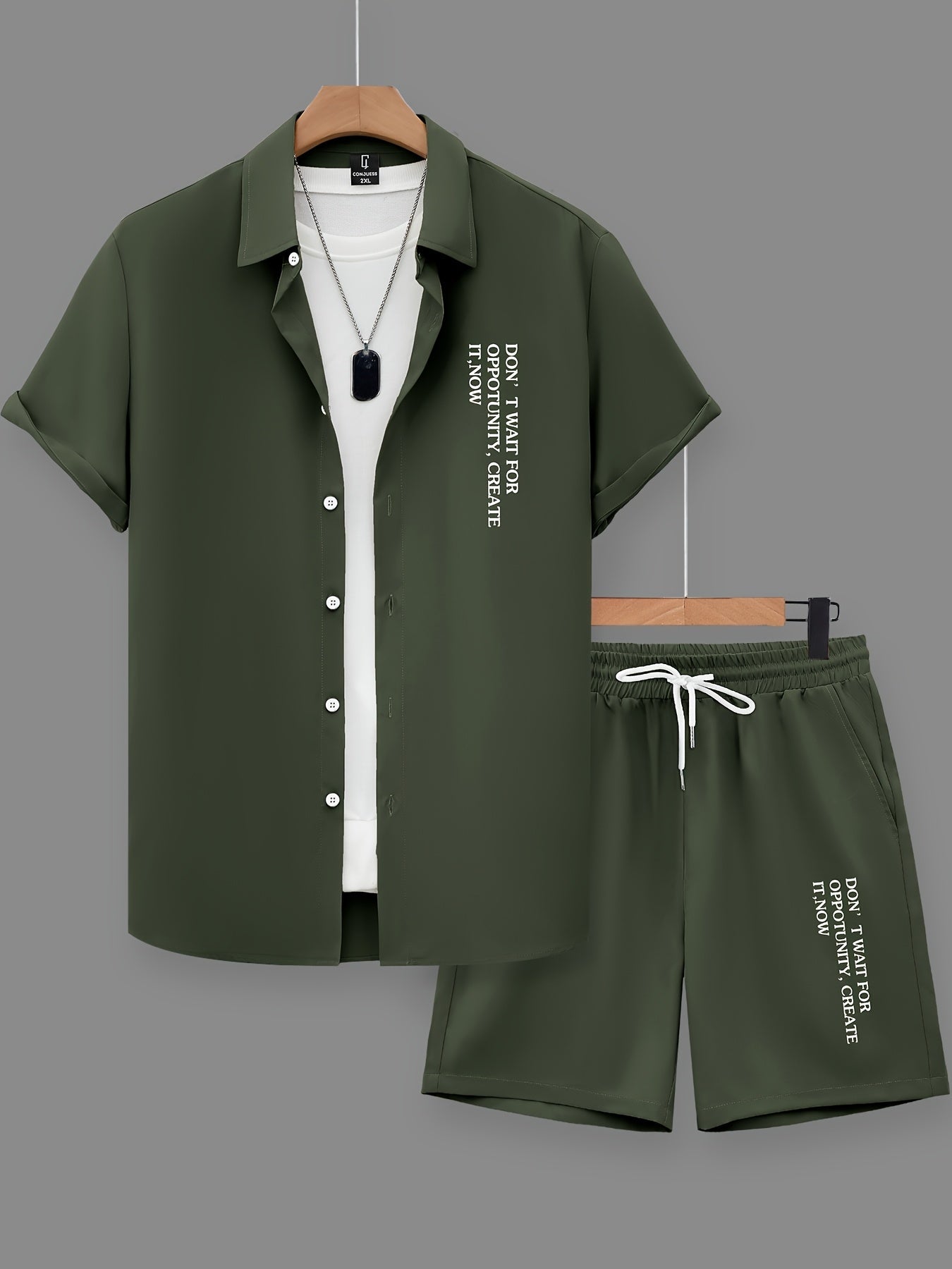 Set estivo casual uomo con stampa statement – Camicia a maniche corte & pantaloncini, streetwear urbano, outfit da tempo libero