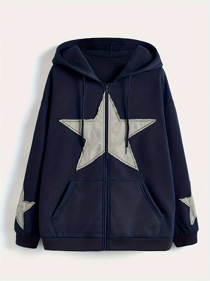 Kapuzenjacke mit Reißverschluss und Sternapplikationen – Lässiger Unisex Hoodie