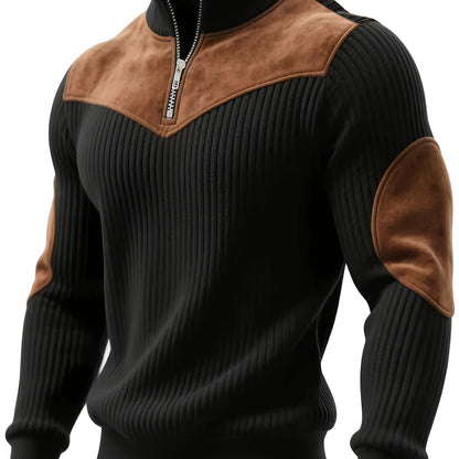 Herren Rippstrick Pullover mit Reißverschluss Stehkragen und Patches