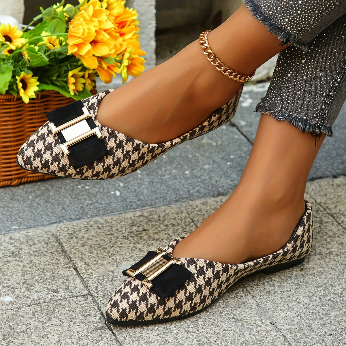 Bailarinas elegantes de pata de gallo para mujer con detalle de lazo – Flats de punta fina a la moda para el día a día y la oficina