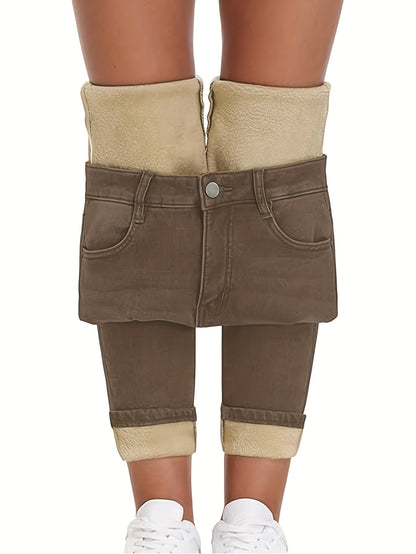 Damen Jeans mit Plüschfutter Braun Winterhose gefüttert