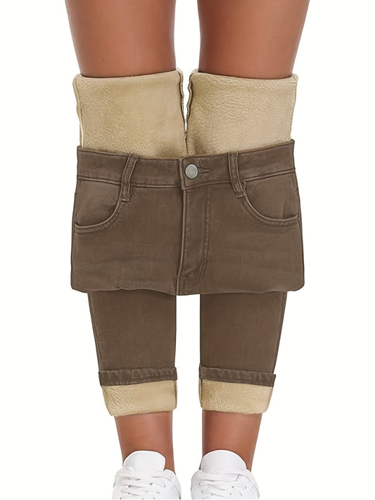 Jean pour femme marron avec doublure en peluche, pantalon d’hiver doublé