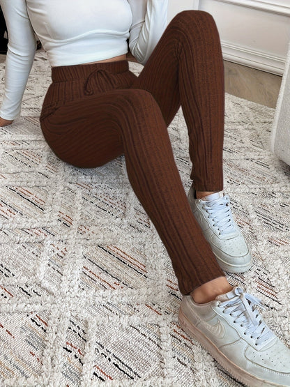 Damen Gerippte Strickhose mit Kordelzug Hoher Bund Braun