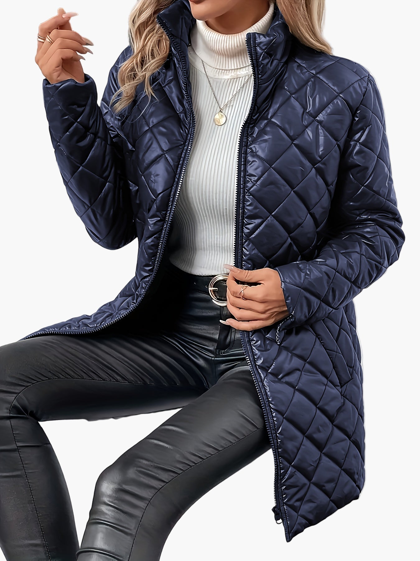 Dame quiltet jakke med moteriktig diamantmønster og ståkrage – Elegant overgangsstil for hverdag og fritid
