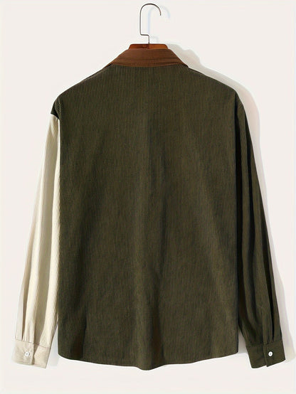 Heren patchworkcorduroy overhemd met lange mouwen, overshirt, bruin beige olijfgroen