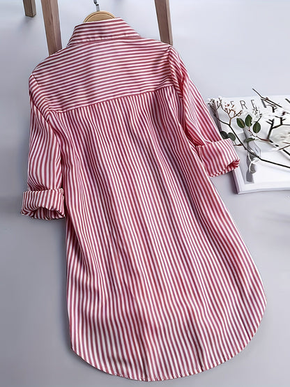 Dame langærmet skjortebluse med striber, afslappet elegant til kontor og hverdag