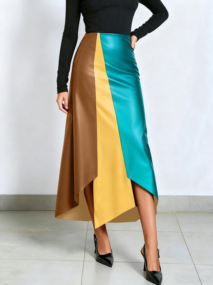 Gonna da donna color block con orlo asimmetrico in materiale similpelle