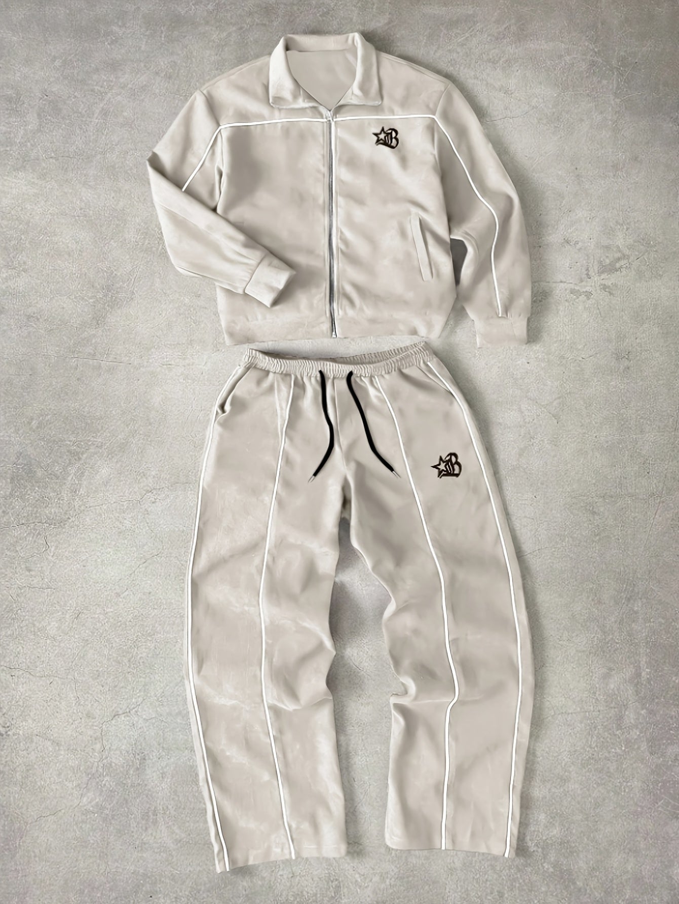 Tuta da ginnastica unisex con giacca con cerniera e pantaloni, bande a contrasto, applicazione con logo