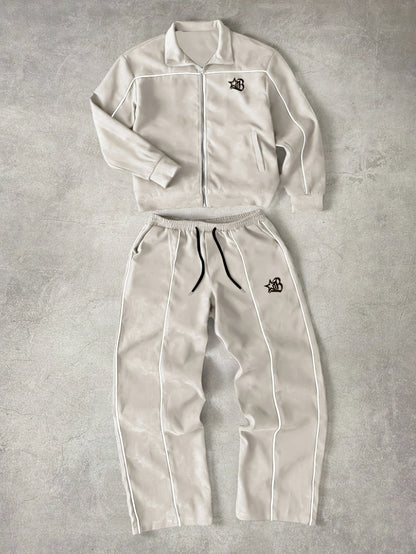 Tuta da ginnastica unisex con giacca con cerniera e pantaloni, bande a contrasto, applicazione con logo