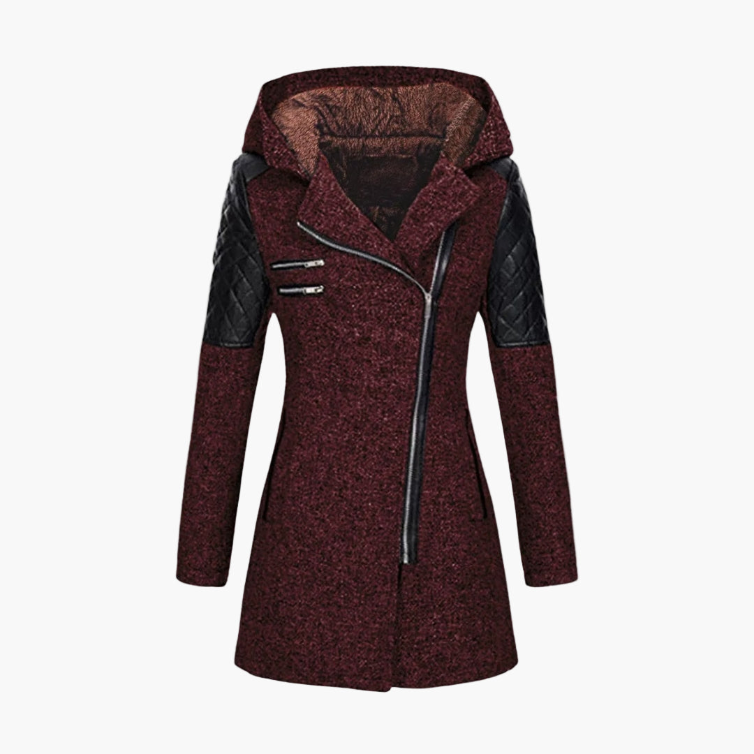 Cappotto invernale da donna con cappuccio – Elegante cappotto corto in tweed con dettagli in ecopelle e cerniera asimmetrica