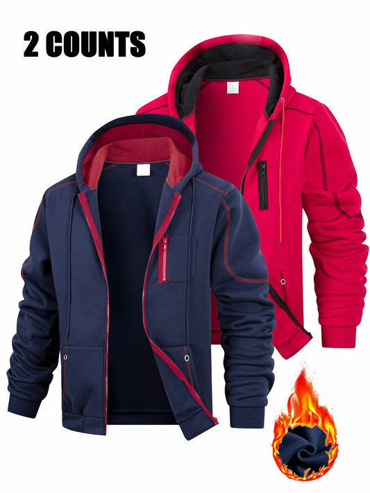 2er Pack Herren Kapuzenjacke Reißverschluss, gefüttert, Kontrastnähte