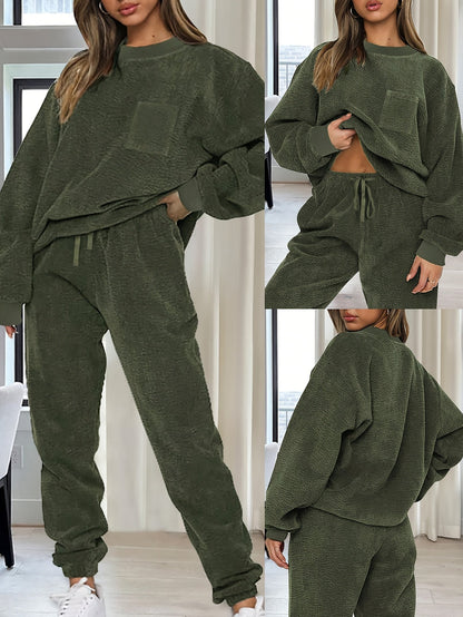 Damen Loungewear Set Grün Weicher Stoff Pullover Hose