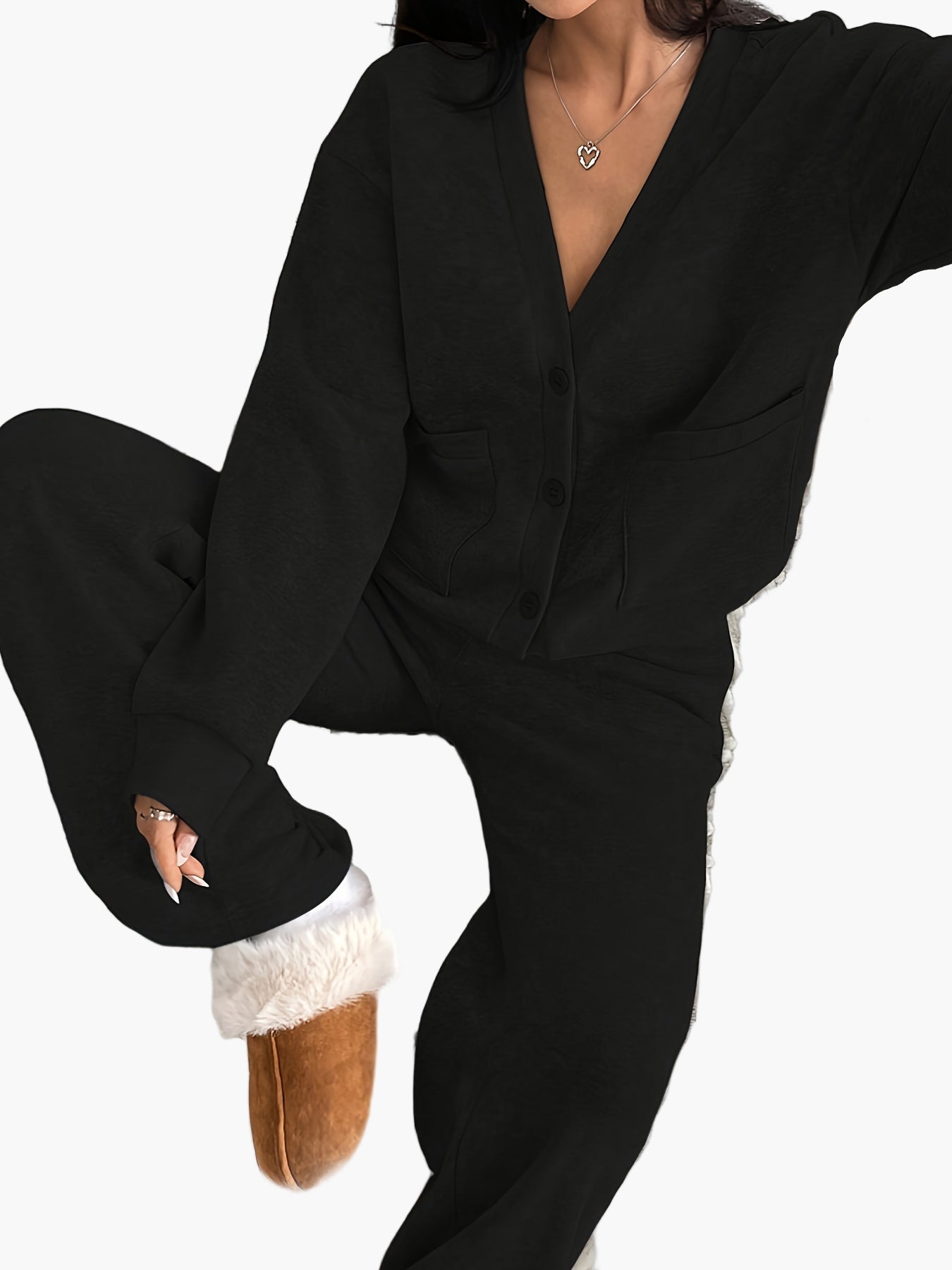 Dames loungewear set – Comfortabel vrijetijdshuispak met knoopsluiting voor thuis en dagelijks gebruik