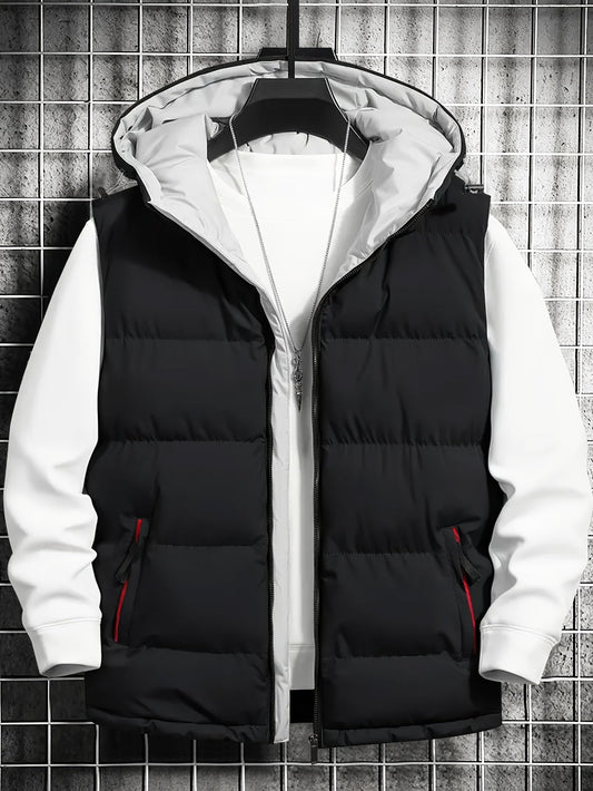 Puffer-vest for menn med hette, vattert, svart